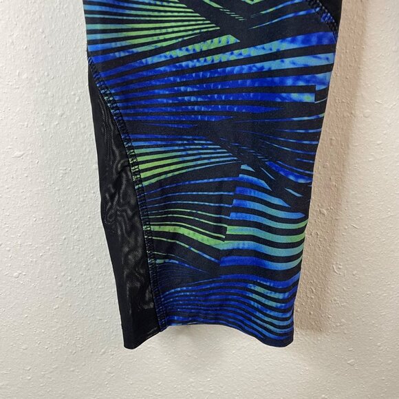 Womens Capri Leggings Blue/Green Striped Pattern With Black Mesh Panels Size L - Picture 4 of 11